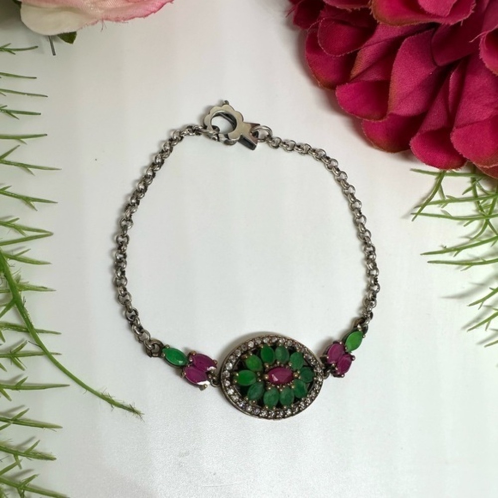 VINTAGE ⚜️Sterling Silver Lab Created Emerald & Ruby Bracelet